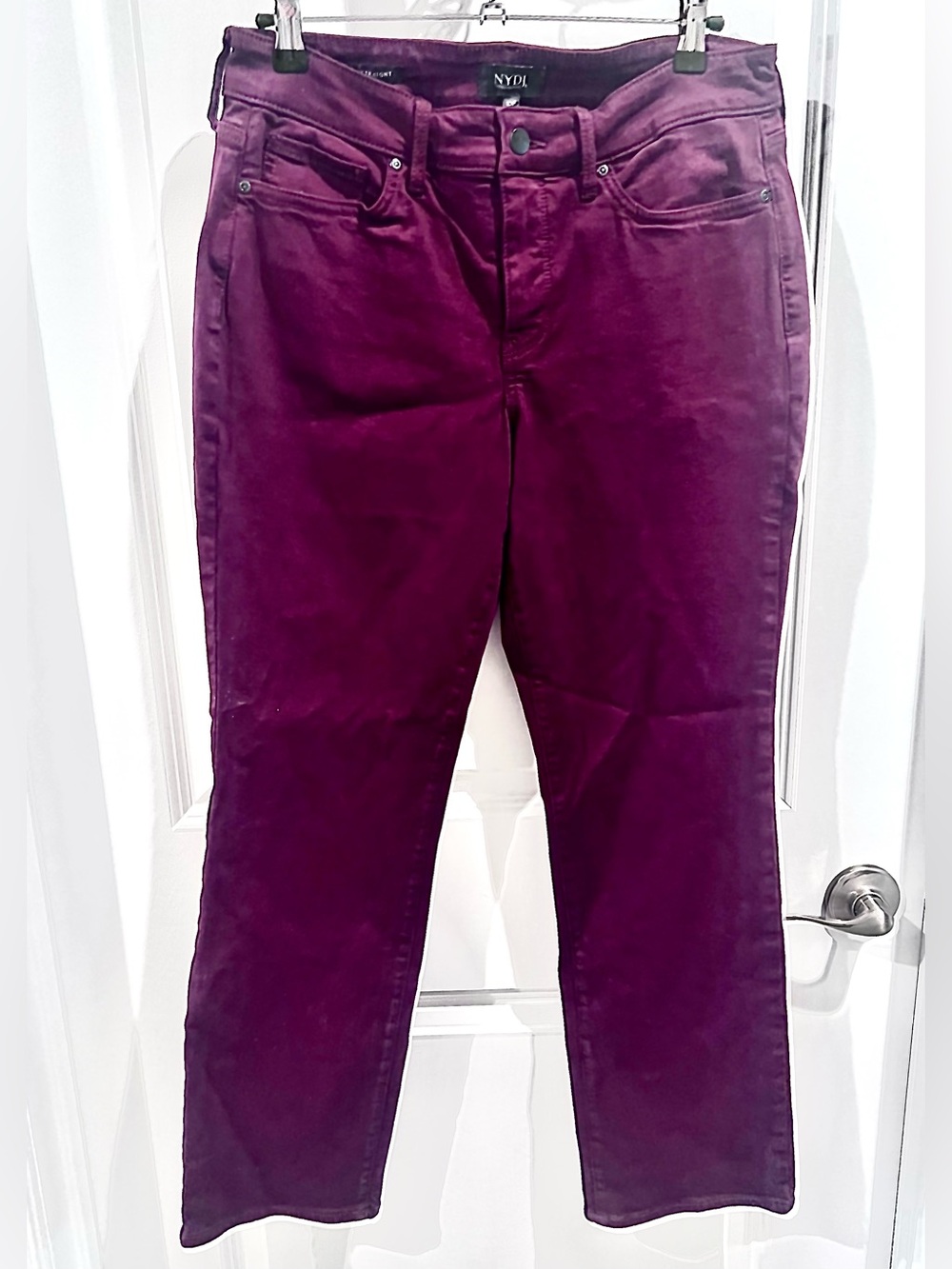 NYDJ "Hayden" straight-leg jeans in a solid burgundy color